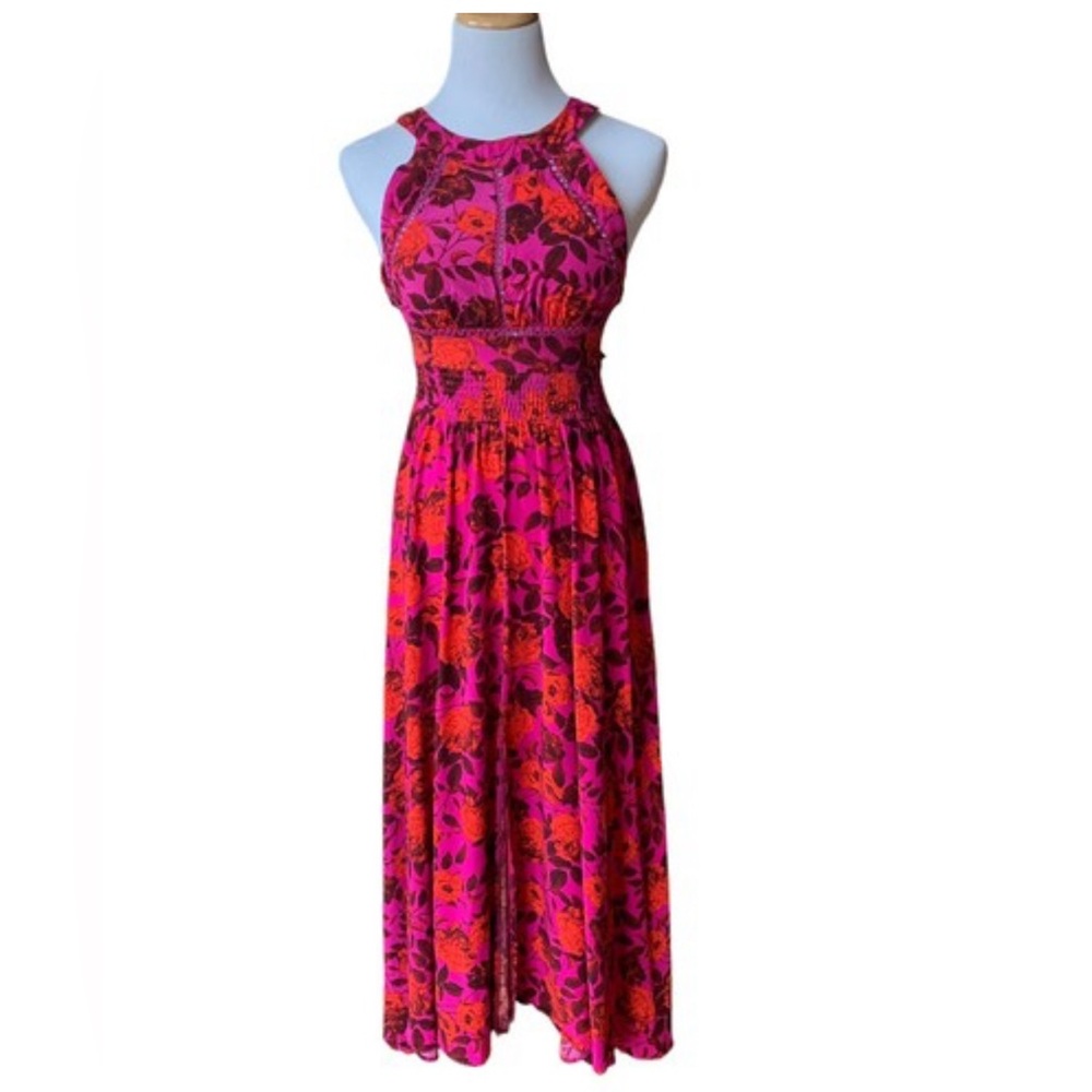 Abel the Label ATL Floral Purple Reign Halter Open Back Slit Maxi Dress Sz S